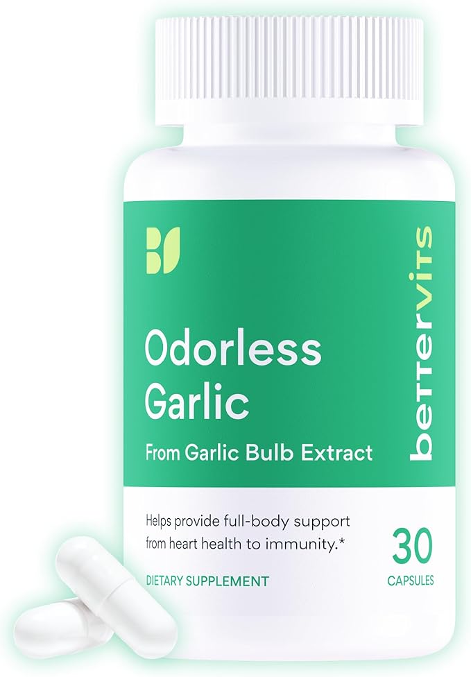 Bettervits Odorless Garlic Supplements 1000mg | High Strength Garlic Extract with Allicin | Vegan Garlic Supplement for Heart Circulation and Immune Support – 30 Capsules