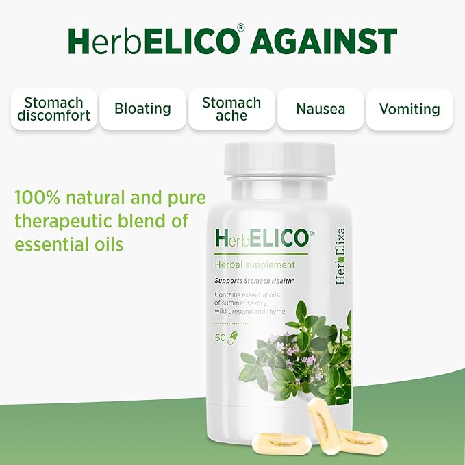HerbELICO® - Wild Oregano Thyme &amp Summer Savory Essential Oils Mediterranean Blend 60 Capsules Herbal Supplement addresses H. Pylori Acid Reflux Heartburn Non-GMO &amp Gluten Free