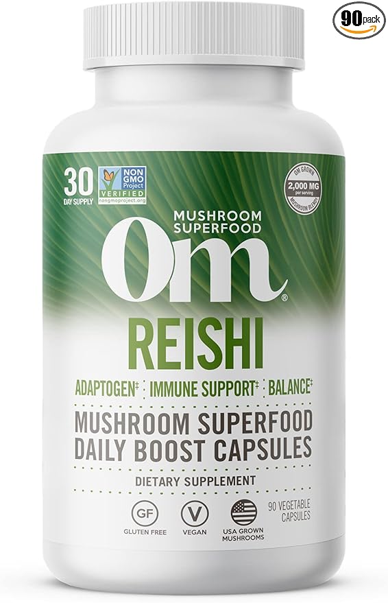 OM MUSHROOM SUPERFOOD Reishi Mushroom Capsules Superfood Supplement 90 Count 30 Days Organic Adaptogen for Stress Relief and Immune Health