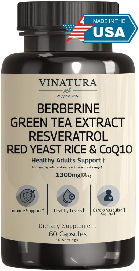 VINATURA Berberine HCL &amp Ceylon Cinnamon - Red Yeast Rice &amp CoQ10 1300mg per Serving *USA Made &amp Tested* Healthy Levels with Green Tea Extract Resveratrol Magnesium Glycinate Chromium