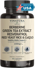 VINATURA Berberine HCL &amp Ceylon Cinnamon - Red Yeast Rice &amp CoQ10 1300mg per Serving *USA Made &amp Tested* Healthy Levels with Green Tea Extract Resveratrol Magnesium Glycinate Chromium