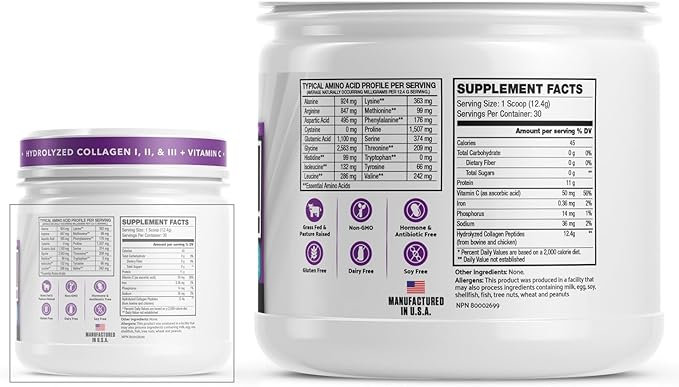INVIGOR8 Collagen Peptides Powder Hydrolyzed + Vitamin C Hydrolyzed Type I II &amp III + Vitamin C Unflavored Non-GMO Grass-Fed Supplement Supports Joints Skin Hair Nails and Anti-Aging (12.4g)