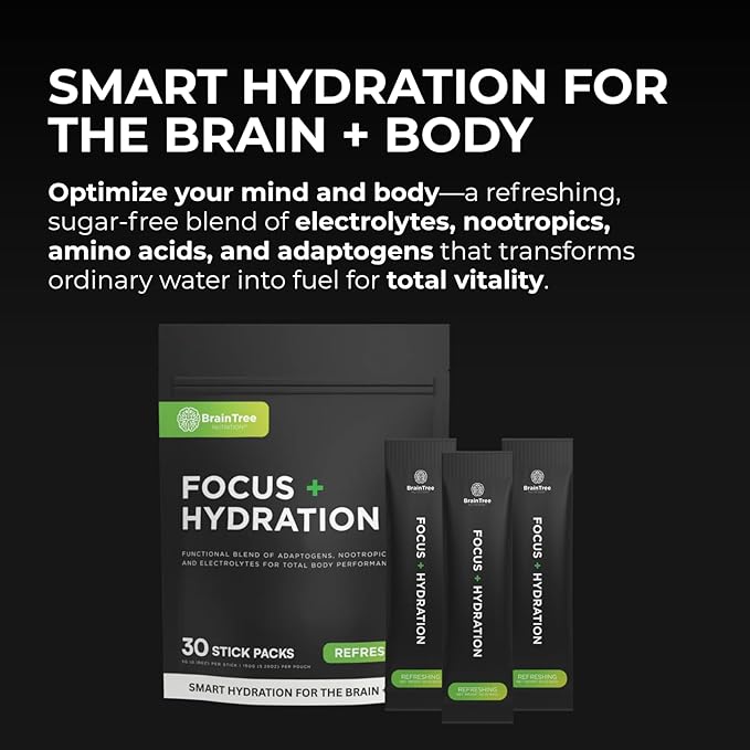 BrainTree Nutrition - Focus + Hydration - Electrolyte Drink Mix - Total Body Hydration - Supports Cognitive Function Energy &amp Muscle Recovery - Sugar Free - Refreshing - 30 Stick Packs