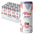 FitTea Healthy Energy Drink 12 Fl Oz - Strawberry Açai Sparkling Refresher (12 Pack) Natural Green Tea Energy Drinks Sugar Free