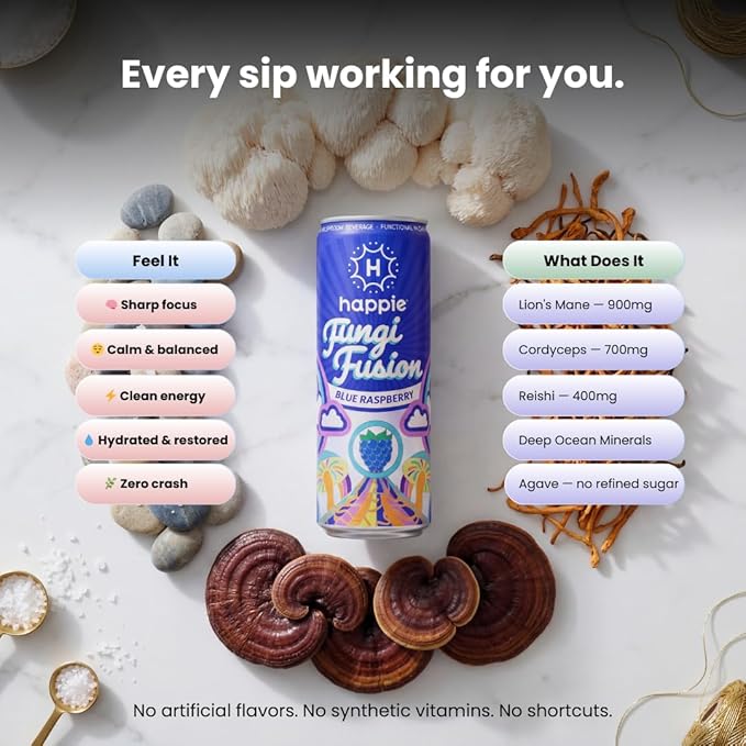 Happie Fungi Fusion Blue Raspberry – Sparkling Adaptogen Drink with Lion’s Mane Cordyceps &amp Red Reishi – Plant-Based Nootropic 40 Calorie Agave Nectar Vegan Wellness Soda Alternative