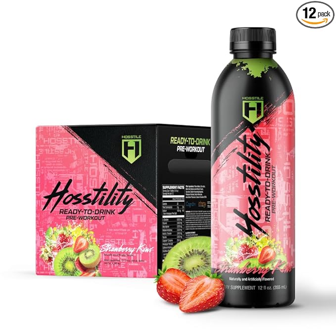 HOSSTILE Hosstility RTD Pre-Workout – Ready to Drink Pre Workout for Energy Focus Pump &amp Hydration All-in-One Formula for Performance Strawberry Kiwi 12 Servings