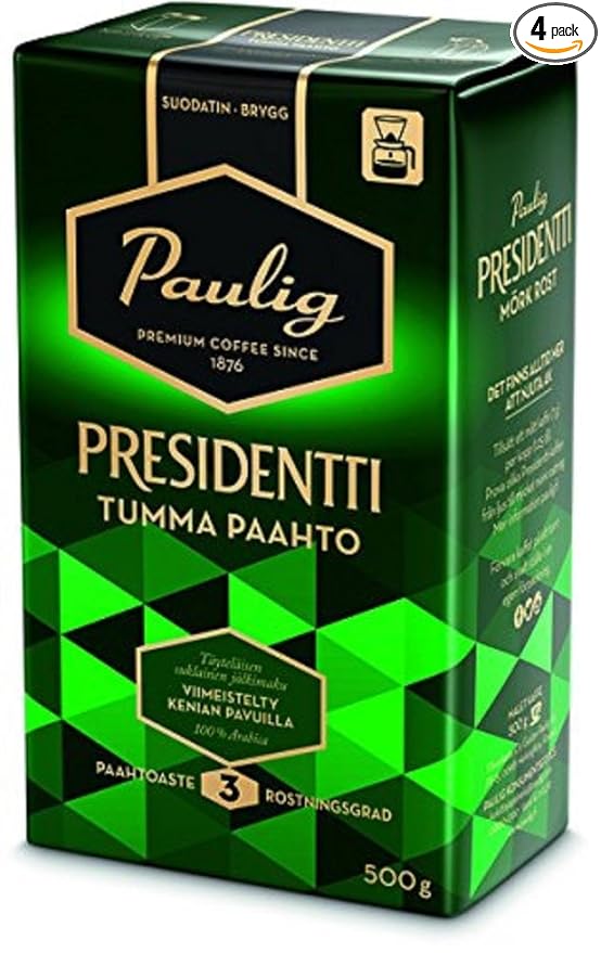 Paulig Presidentti (President) - Dark Roast - Fine Grind - Premium Filter Blend Ground Coffee - Bag 500g (Finland) (4 Bags (Save 25%))