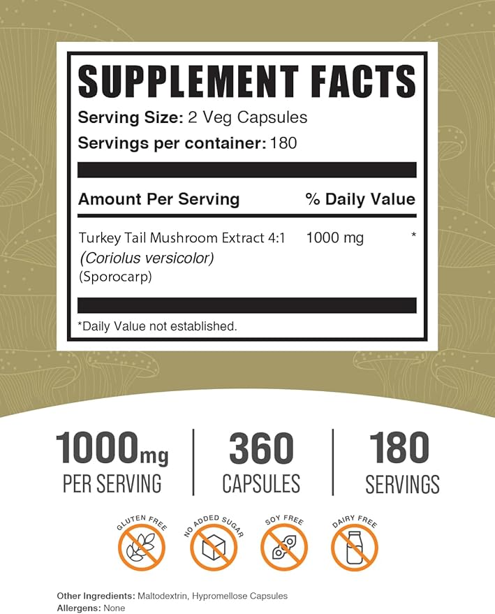 BulkSupplements.com Turkey Tail Mushroom Capsules - Coriolus Versicolor Extract Turkey Tail Mushroom Extract - Vegan &amp Gluten Free 2 Capsules per Serving 360 Veg Capsules (Pack of 1)