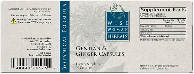 Wise Woman Herbals Gentian &amp Ginger Capsules Pure Non-GMO Herbal Digestive Bitters Relieves Indigestion Bloating Gas &amp Upset Stomach Supports Appetite Gut &amp Liver Health 90 Veg Cap