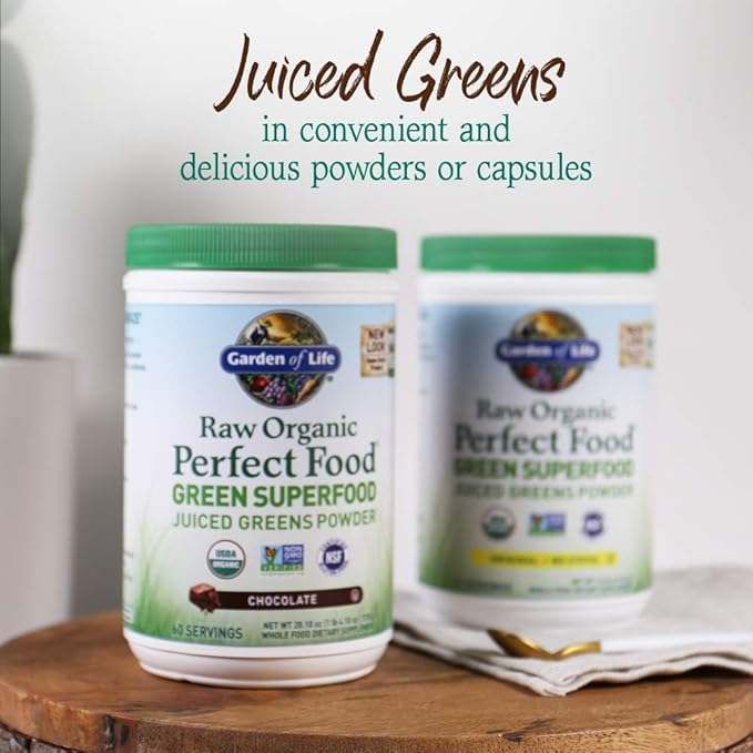 Garden of Life Raw Organic Perfect Food Green Superfood Juiced Greens Powder - Chocolate 60 Servings Non-GMO Gluten Free Vegan Whole Food Dietary Supplement Plus Probiotics Enzymes