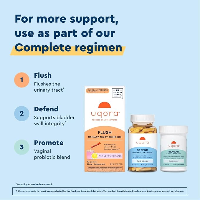 Uqora Complete Regimen with Flush Defend &amp Promote - Urinary Tract Support with D-Mannose Vitamin C Green Tea Extract Probiotics &amp More - Comprehensive Bladder Health Support* - 3-Part Bun