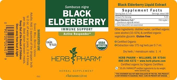 Herb Pharm Certified Organic Black Elderberry Liquid Extract for Immune System Support Organic Cane Alcohol 4 Ounce