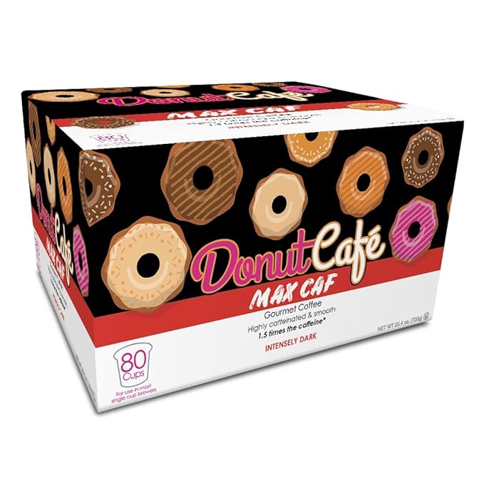 Donut Café Max Caf - Bold &amp Powerful High Caffeine Intensely Dark Roast Coffee Pods – For Keurig K Cup Brewers – Certified Non-GMO Gluten-Free Kosher – 1.5X Caffeine – 80 Count