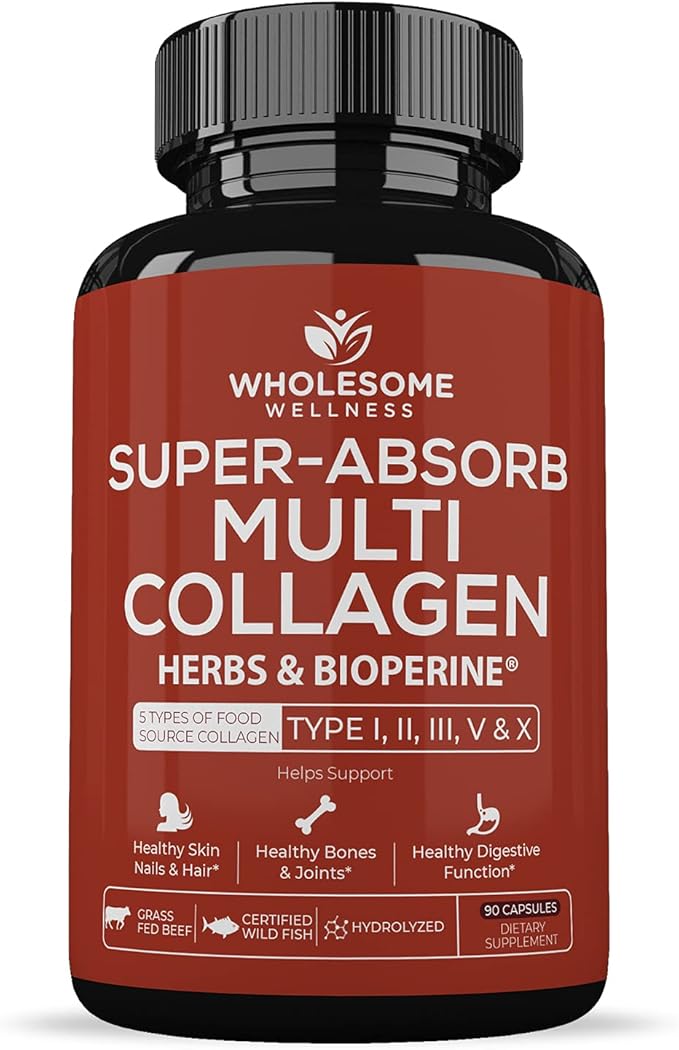 Wholesome Wellness Super-Absorb Multi Collagen Pills (Type I II III V X) Organic Herbs &amp Bioperine - Hair Skin Nails - Hydrolyzed Peptides Protein Supplement for Women &amp Men (90 Capsules)