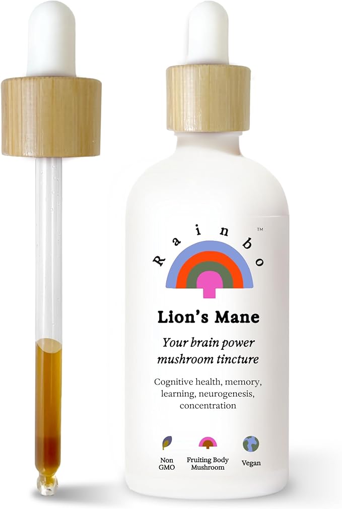 Rainbo - Lion's Mane Mushroom Tincture - Alcohol Free - Dual Extract Mushroom Supplement - Brain Support Focus Memory Liquid Lion's Mane Supplement Vegan Non-GMO 3.4 fl oz.