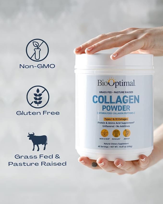 BioOptimal Collagen Peptides Powder - Grass-Fed Pasture-Raised Hydrolyzed Protein Supplement for Skin Hair &amp Nails - Non-GMO Zero Sugar Daily Supplement for Men &amp Women (45 Servings)