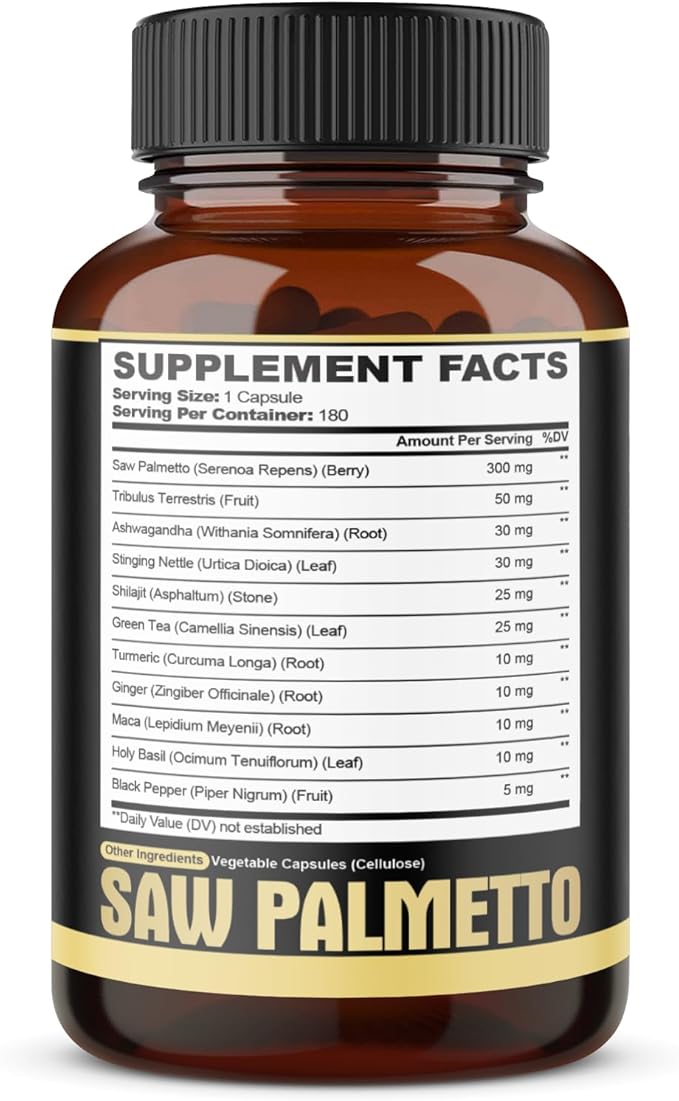 11in1 Saw Palmetto Capsules with Ashwagandha Turmeric Tribulus Maca Green Tea Ginger Holy Basil &amp More - Healthy Prostate &amp Hair Support - 180 Count 6-Month Supply