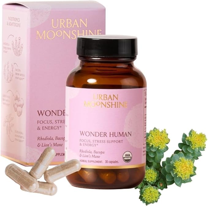 Urban Moonshine Wonder Human - Herbal Supplement for Focus Energy &amp Stress Support - Brain Support with Rhodiola Bacopa &amp Lion’s Mane - Certified Organic Gluten-Free &amp Vegan - 30 Capsul