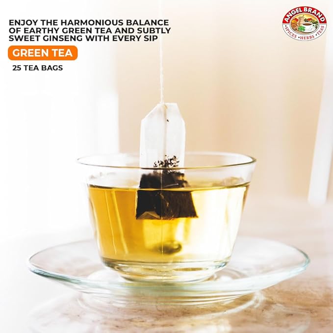 Angel Brand Green Tea with Ginseng Tea Bags 25 Bags per Box Pack of 3 Traditional Green Tea Blend with Ginseng Root Smooth Balanced Flavor