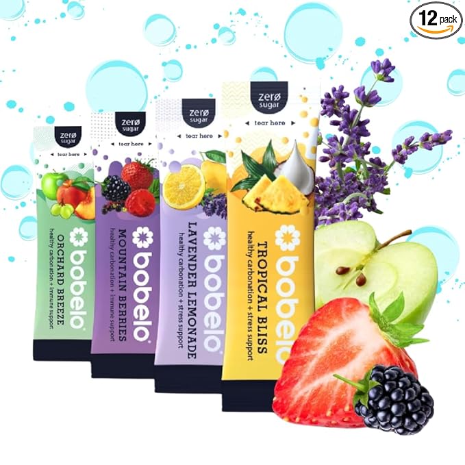 BOBELO CARBONATION Flavor Packets - Trial Pack 3 of Each Flavor Pineapple Coconut Mountain Berries Lavender Lemonade &amp Orchard Breeze Self Carbonating Hydration Electrolyte Drink Mix Real Fr