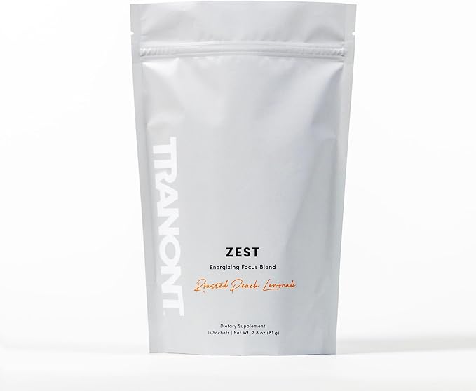 Tranont Zest Energizing Focus Blend | Roasted Peach Lemonade Energy Powder | Gluten-Free Sugar-Free with Green Tea L-Theanine Vitamins &amp Antioxidants for Energy Focus and Health | 15 Sticks
