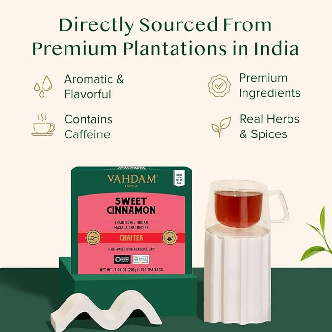 VAHDAM Sweet Cinnamon Tea | 100 Tea Bags | 100% Natural Spices | Cinnamon Masala Chai Tea Recipe | Spiced Chai Tea Bag | Brew as Hot or Iced