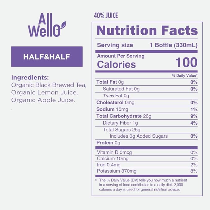 ALLWELLO Organic Cold Pressed Lemonade Gluten Free Non-GMO No Preservatives No Sugar Added (Half Iced Tea Half Lemonade Blend 6 Pack)