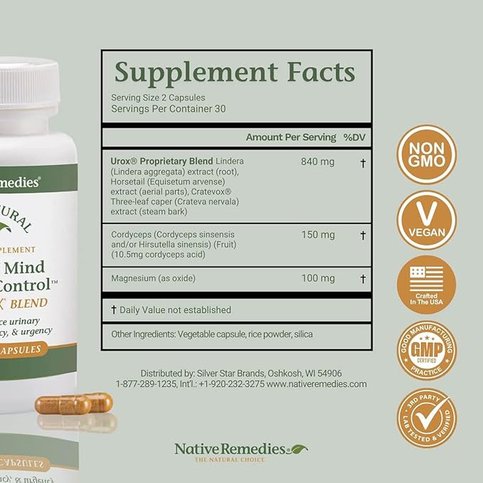 Native Remedies Bladder Control Supplements - Peace of Mind with Urox - Bladder Support for Women &amp Men for Overactive Bladders Health - Reduce Nighttime Urination - Non-GMO Vegan Capsules (60 Co