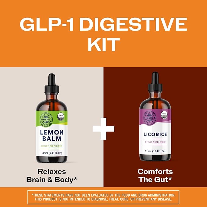 Vimergy GLP-1 Companion Kit* – Lemon Balm (115ml) + Licorice (115ml) – Digestive + Stress Support – Organic Vegan Kosher – Fast-Absorbing Liquid Extracts – Herbal Tea Companion for GLP-1 Users