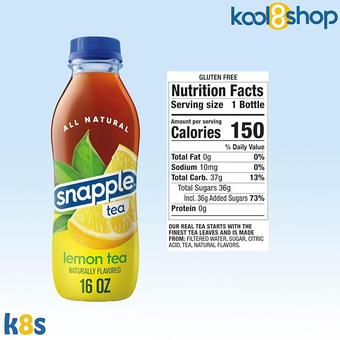 Snapple Lemon Tea All Natural Fruit Juice 16 fl oz Plastic Bottles 16 Pack + 15 Sugarcane Disposable Straws by KOOL8SHOP Infinite Deals