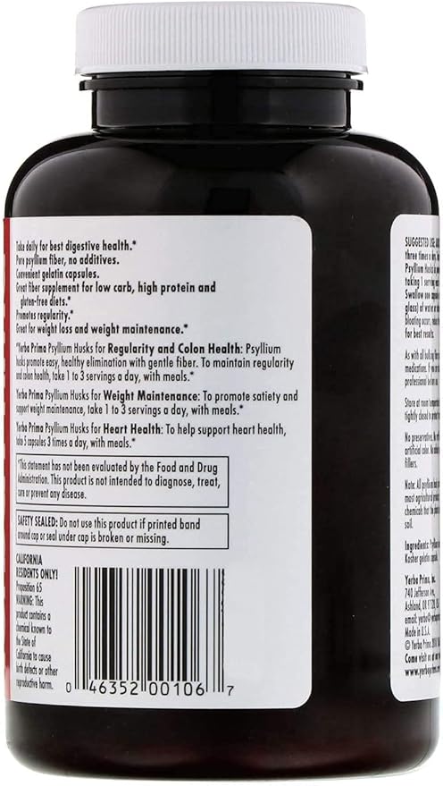 Yerba Prima Psyllium Husks Caps - 180 caps (Pack of 4) - Natural Fiber Supplement - Non-GMO Gluten Free