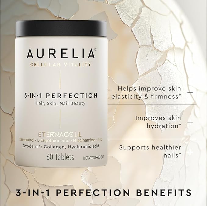 AURELIA 3-in-1 Perfection | Advanced Cellular Anti-Aging Supplement | Boost Collagen Production &amp Strengthen Hair Skin Nails | with Zinc Resveratrol Niacinamide &amp Ergothioneine