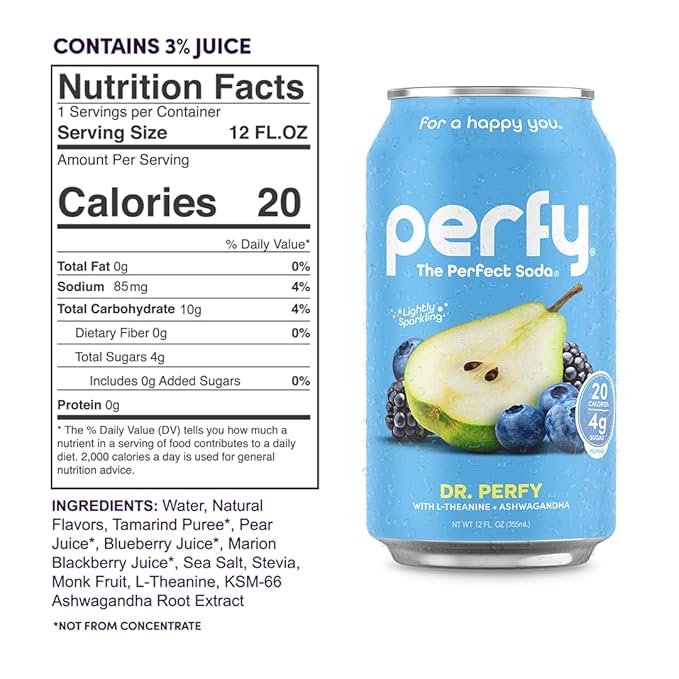PERFY Caffeine Free Healthy Soda Classics Variety | Real Fruit Juice – Low Sugar Nootropic Drinks with L-Theanine + Turmeric or Ashwagandha | Calming Functional Mocktail Sampler | Sweetened with Stevi