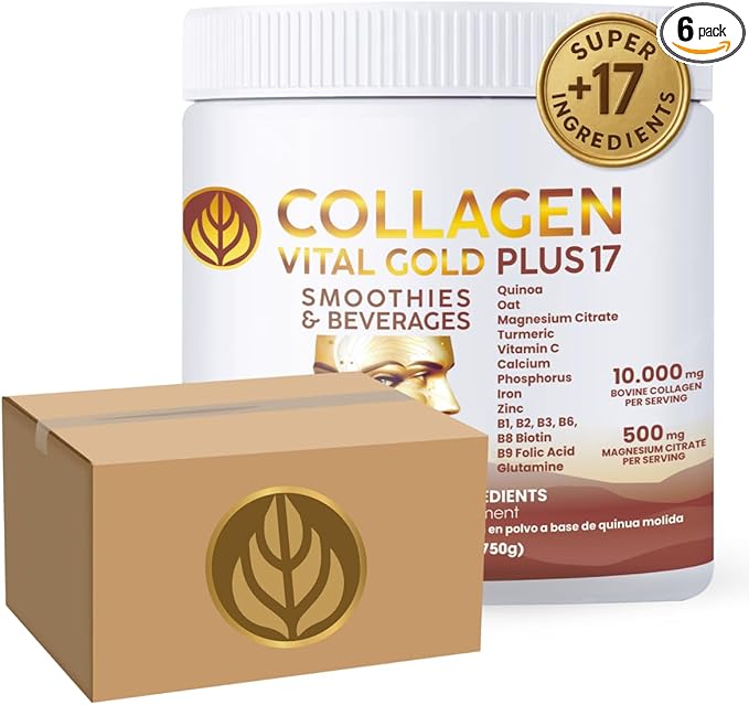 Vital Life Collagen Peptides Powder +17 Super Ingredients 1.6 lb (Pack of 6) Cocoa Flavor Supports Hair Skin Nails Bones Joints &amp Digestive Health Collagen for Women &amp Men.