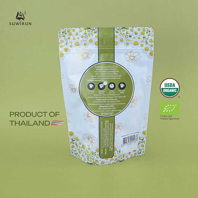 Suwirun Organic Chamomile Tea 25 Bags – 100% Chamomile Flowers – Naturally Caffeine-Free Supports Relaxation &amp Sleep – Smooth &amp Soothing Herbal Tea