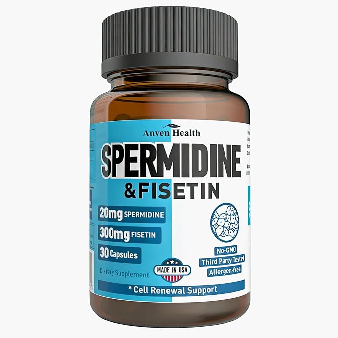 Spermidine &amp Fisetin Supplement - 20mg of 99% Spermidine Per Serving 3HCL &amp 300mg Fisetin for Women Men Cell Renewal Aging Defense &amp Longevity Gluten Free Non-GMO Made in USA | 30 Veg