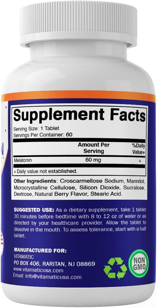 Vitamatic Melatonin 60 mg Fast Dissolve Tablets - 60 Vegan Natural Berry Flavor Tablets - Non-Habit Forming - Non-GMO Gluten Free (3 Bottles)