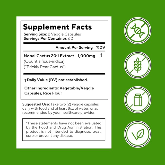 Vitapia Nopal Cactus Extract for Antioxidant Skin Metabolism Wellness Heart Health Support - 120 Veggie Capsules - Non GMO Gluten Free Supplement