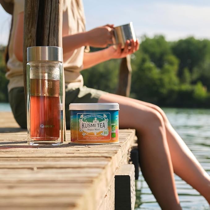Kusmi Tea - Happy Mind - Organic Herbal Tea with Dragon Fruit Turmeric Apple Chili Pepper Moringa Lemon &amp Ginger - Caffeine Free - Loose Leaf Tea - Tin Box of 3.5 oz - Quantity for about 50 c