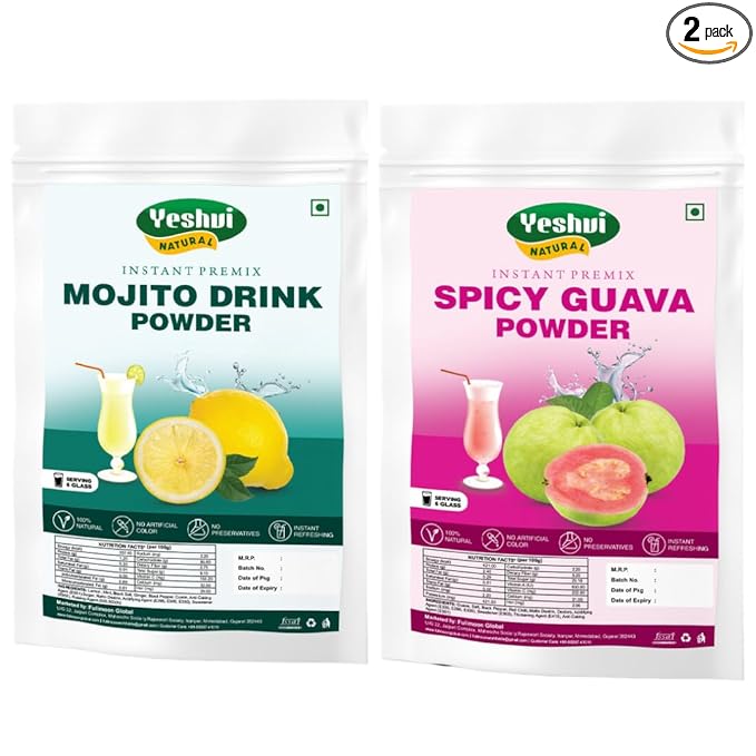 Yeshvi NATURAL Mojito Drink Powder &amp Spicy Guava Powder Combo Pack Instant Drink Mix Fizzy Party Drink Refreshing &amp Re-hydrating Immunity Booster Fruit Powder make and juice 200gm