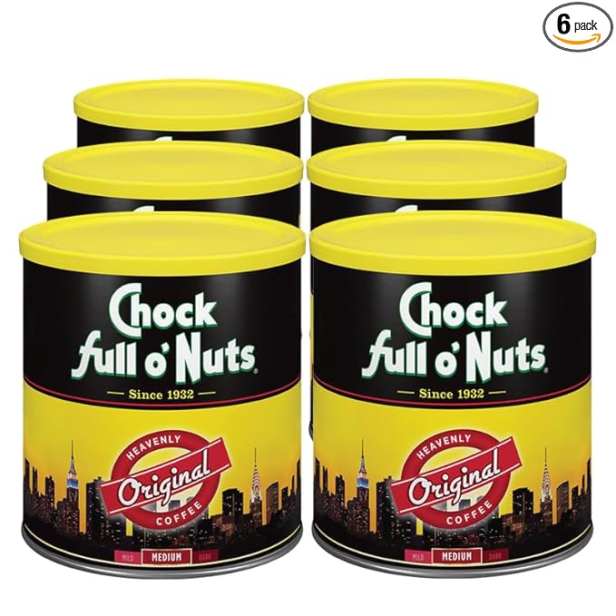 Chock Full o' Nuts Heavenly Original Ground Coffee – Premium Beans in Recyclable Steel Can – Rich Flavor &amp Aroma Medium Roast – Perfect for Drip Pour-Over Percolator – 30.5 Oz Can Pack of 6
