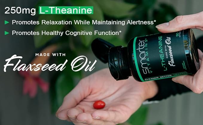 Smarter L-Theanine 250mg Supplement in Non-GMO Flaxseed Oil 50 Liquid Softgels