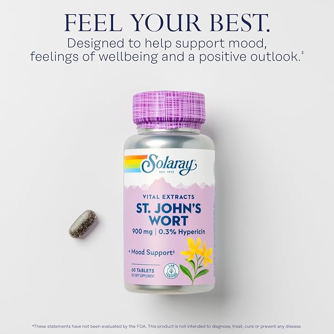 SOLARAY St. Johns Wort Aerial Extract One Daily 900mg Standardized w/ 0.3% Hypericin for Mood Stability &amp Brain Health Support Non-GMO |60 Servings | 60 Tablets