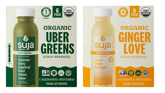 Variety Pack Of 12 | ( Organic Ginger Love Cold Pressed Lemon Ginger Apple  10.5 oz 6-count ) &amp ( Organic Uber Greens Cold Pressed 1 Serving of Fruits and Vegetables  10.5 oz 6-count ) | Pl