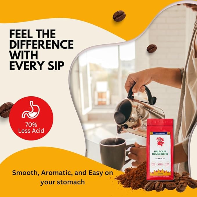 Puroast Low Acid Coffee Half Caff | Half Caff House Blend Ground | Medium Roast | High Antioxidants &amp High pH |No Bitter Aftertaste | Reduced Heartburn &amp GERD | Suitable for Cold Brew - 2.2 LB