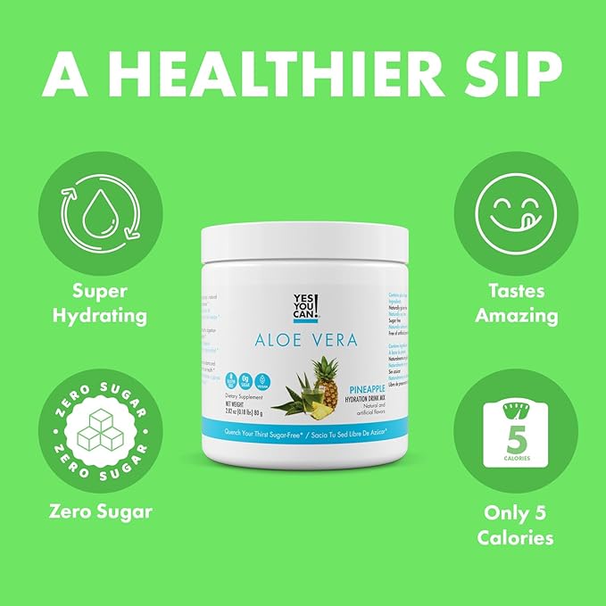 Yes You Can! Aloe Vera Powder Drink Mix - Hydration Booster Infused with Pure Organic Aloe Vera Extract - Delicious Flavors - Made in USA - Antioxidant Rich - Pineapple Flavor - 40 Servings Per Canist
