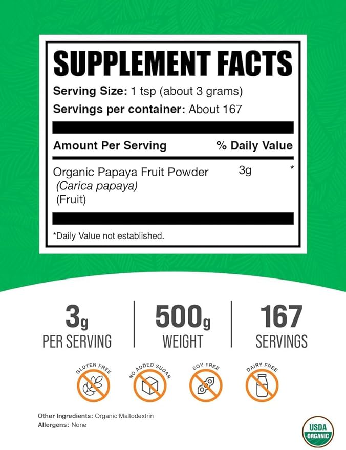 BulkSupplements.com Organic Papaya Fruit Powder - Flavoring Powder Sourced from Carica Papaya Fruit - Gluten Free 3g per Serving 500g (1.1 lbs) (Pack of 1)