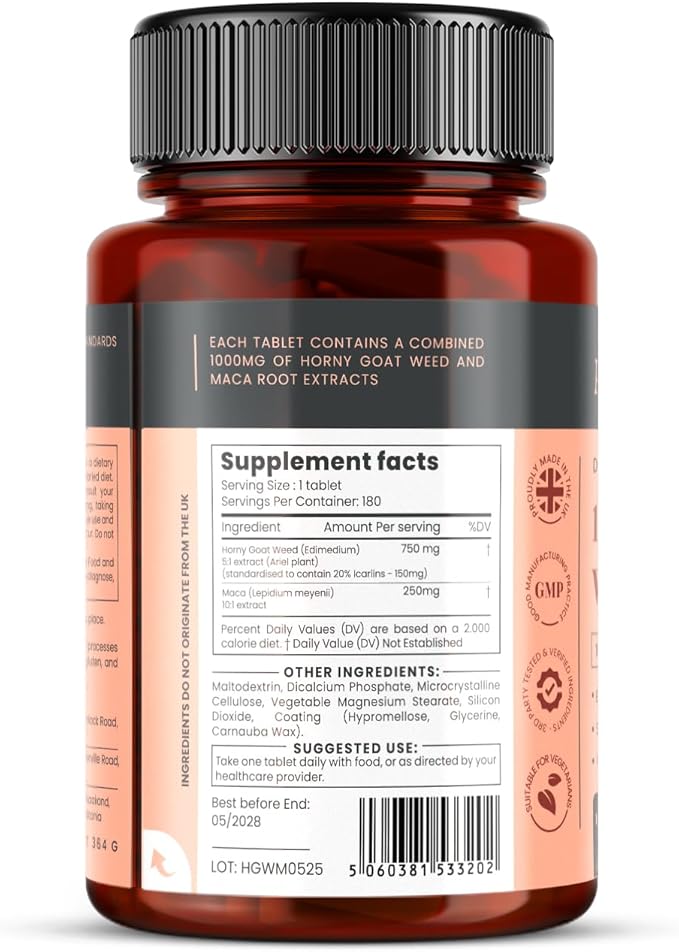 pureclinica 10X Horny Goat Weed &amp Maca Extract 6250mg x 180 Tablets (6 Months Supply) -10 X More Icariins - w/5mg Black Pepper Extract for 300% Increased Absorption