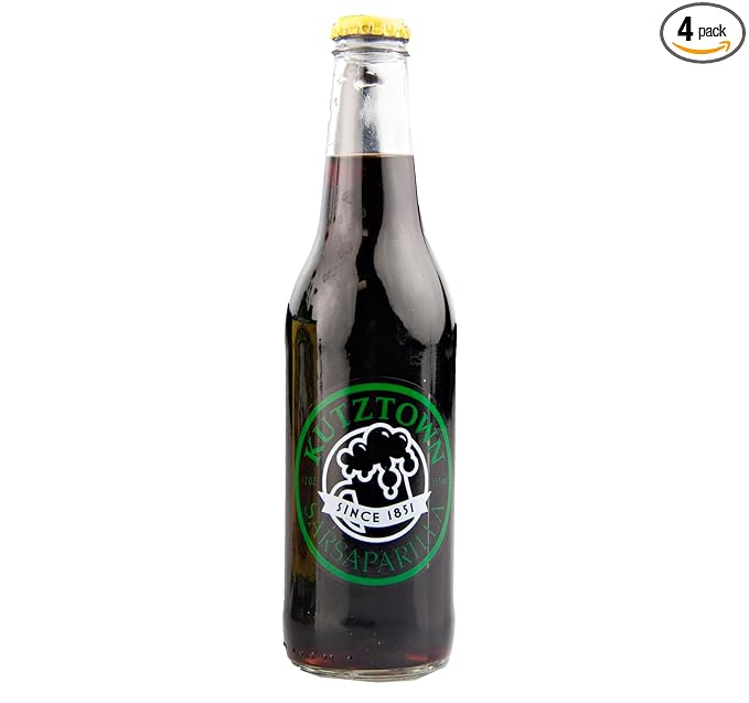 KauffmanTreats Kutztown Glass Bottle Sarsaparilla Soda Favorite Amish Drink 12 Oz. Bottles (Pack of 4)