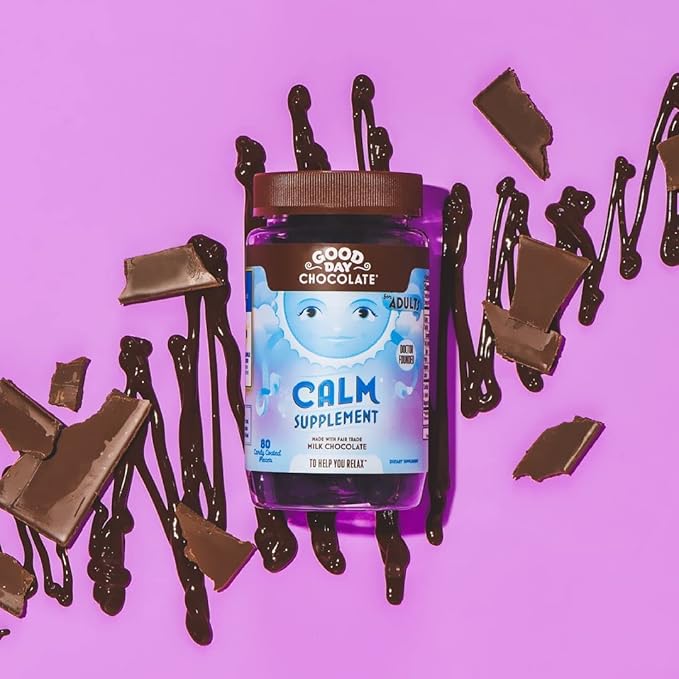 Good Day Chocolate Natural Calming Supplement for Adults Blend of Camomile Theanine Magnesium Fair Trade and Non-GMO Chocolate 80 Pieces